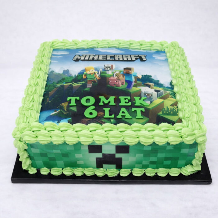 tort Minecraft kwadratowy z zielonym pikselowym bokiem i jadalnym obrazkiem